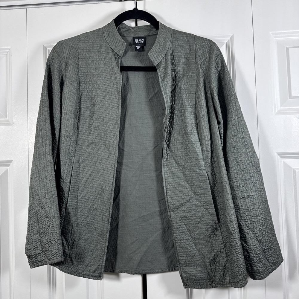 Eileen Fisher Petite Small PS 100% Tussah Silk Lightweight Jacket Green EUC
